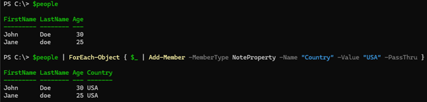 Using $_ to represent the current object in the pipeline that we are passing in to the Add-Member cmdlet. 