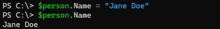 Modify the Name property from "John Doe" to "Jane Doe". 