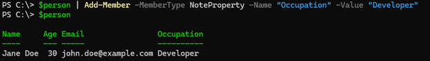 Adding a new property called "Occupation" with a value of "Developer". 